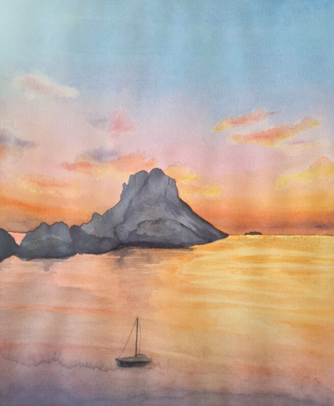aquarelle d'un paysage à ibiza